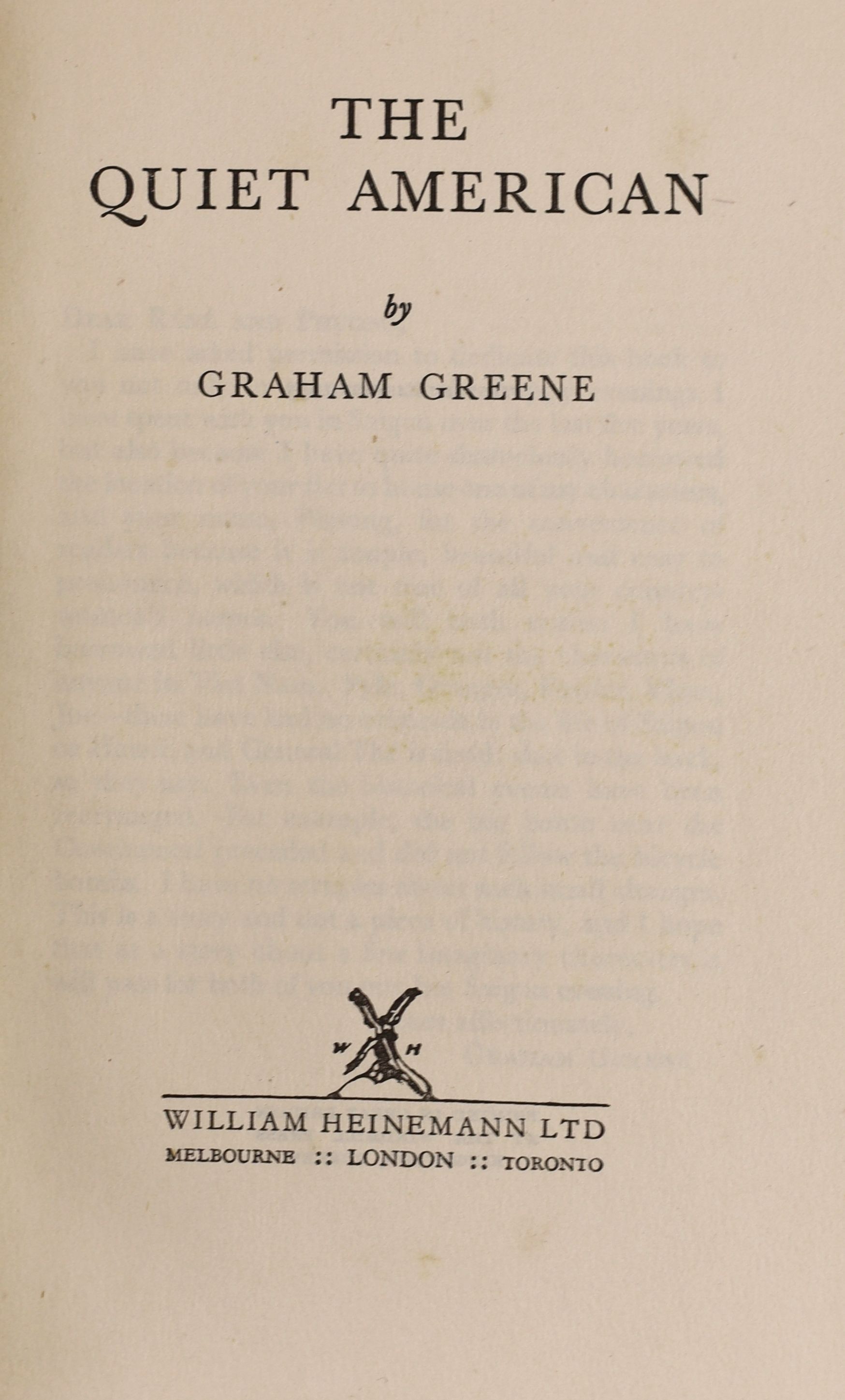 Greene, Graham - The Quiet American, 1st ed. original cloth with unclipped d/j. 8vo. William Heinemann Ltd, London, 1955.